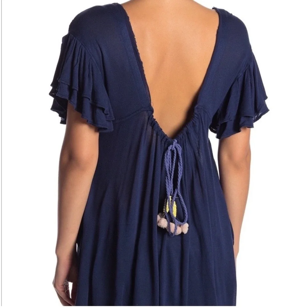 Free People Fiesta Nueva Tunic Top Navy Blue Embroidered Floral Womens Sz Small